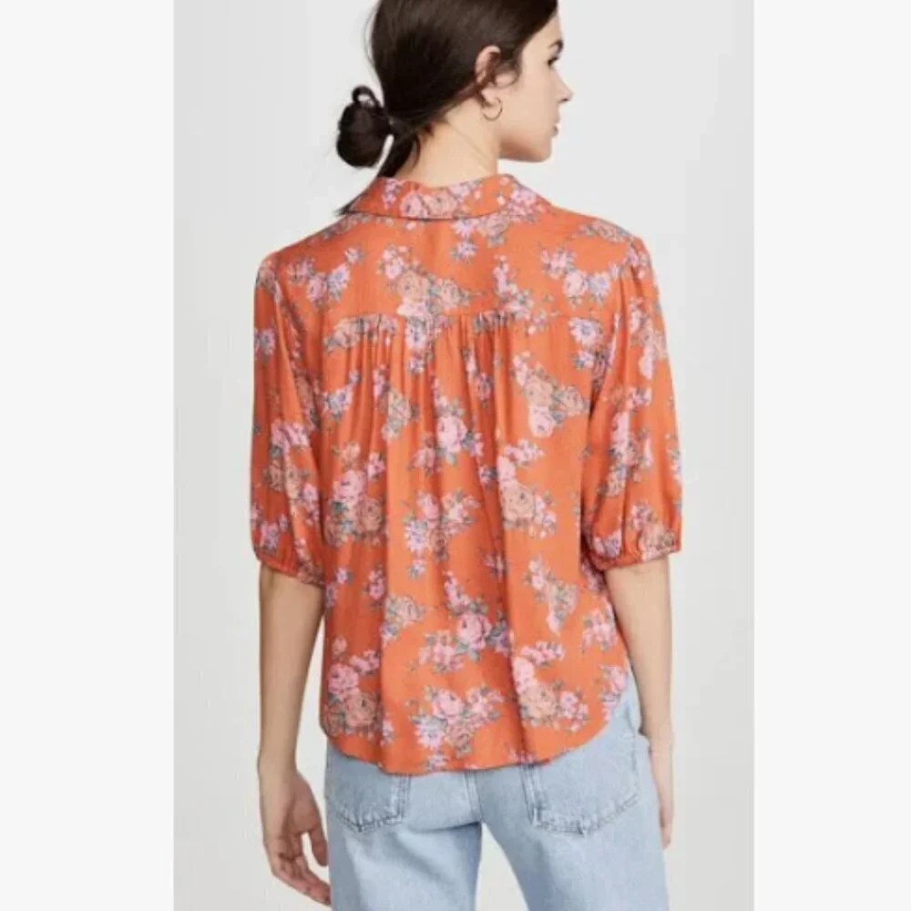 Free People Celia Blouse Top Short Sleeve Shirt Tie Front Floral Red Size Small